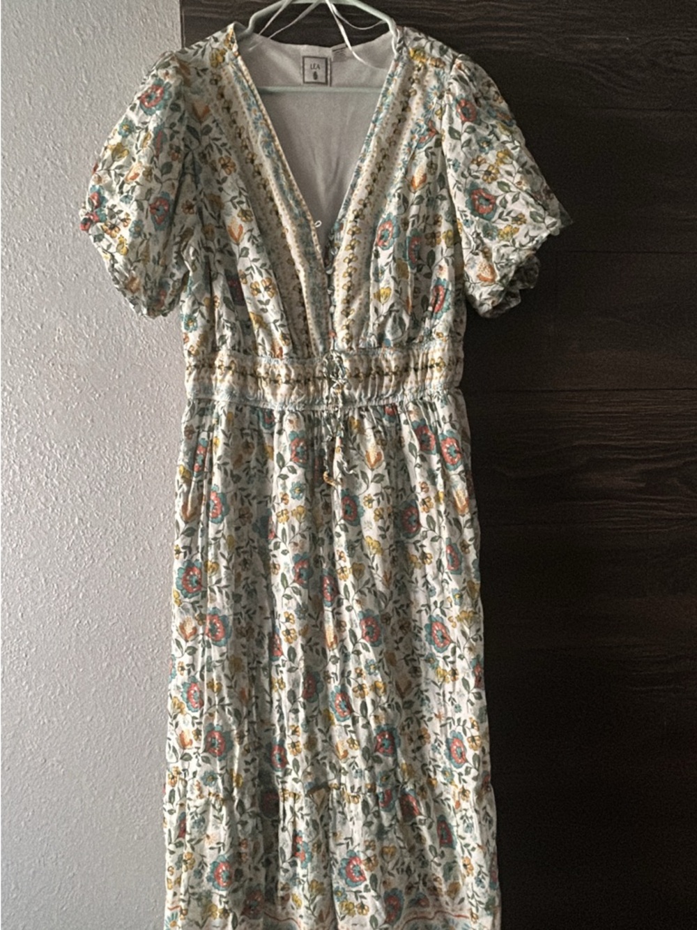 Floral V-Neck Puff Sleeve Maxi Dress - White with Multicolor Floral